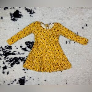 Girls Mustard Yellow Floral Print Long Sleeve Round Neck A-Line Dress Size 5